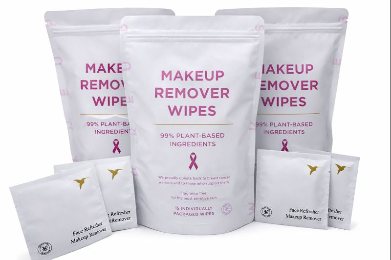 Makeup remover wipes with pink ribbons on packaging