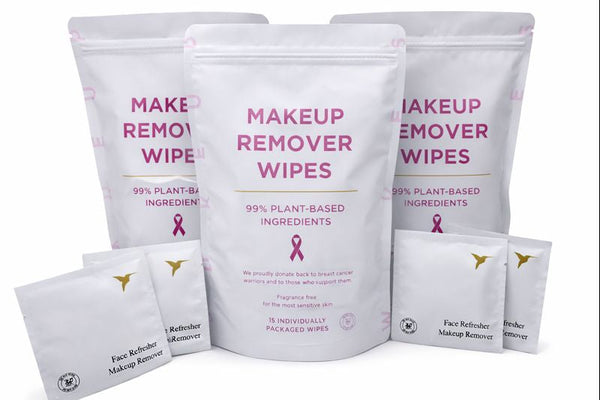 Makeup remover wipes with pink ribbons on packaging