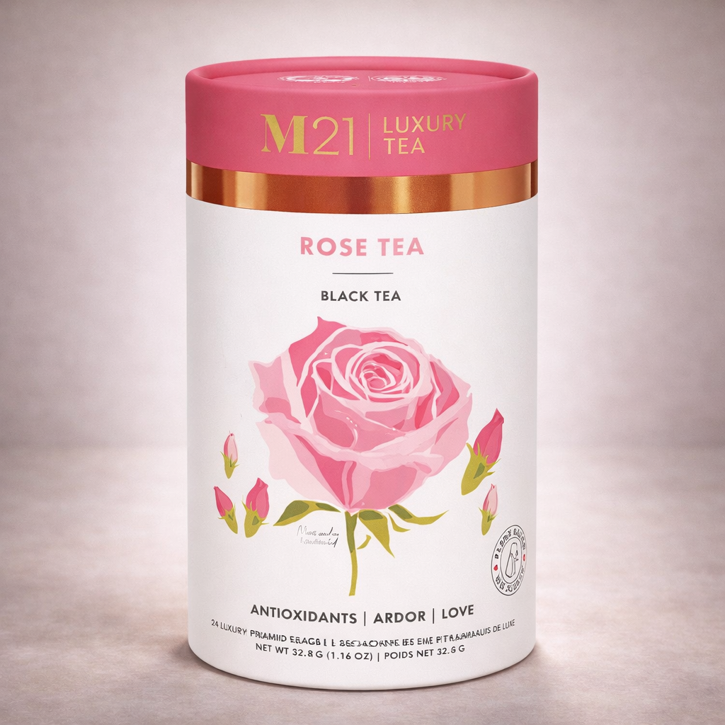 M21 Luxury Tea Rose Tea packaging with a pink rose illustration on a light gray background