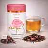 M21 Luxury Tea rose tea packaging with a cup of tea and tea leaves on a light background