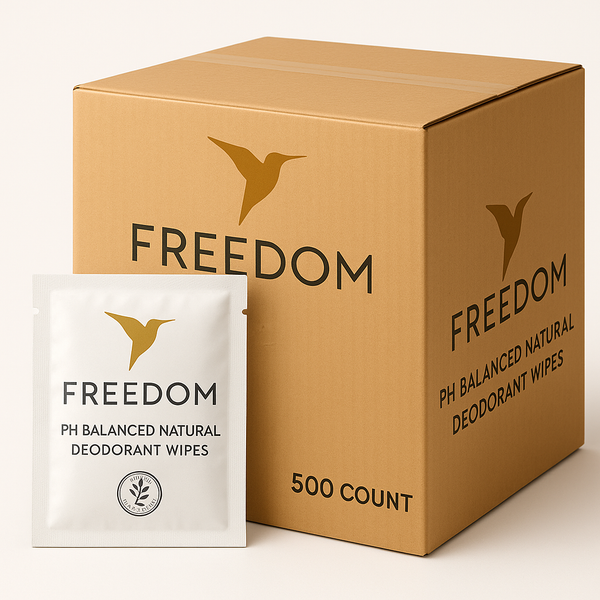 Freedom PH Balanced Natural Deodorant Wipes packaging including a box and a single wipe on a light background