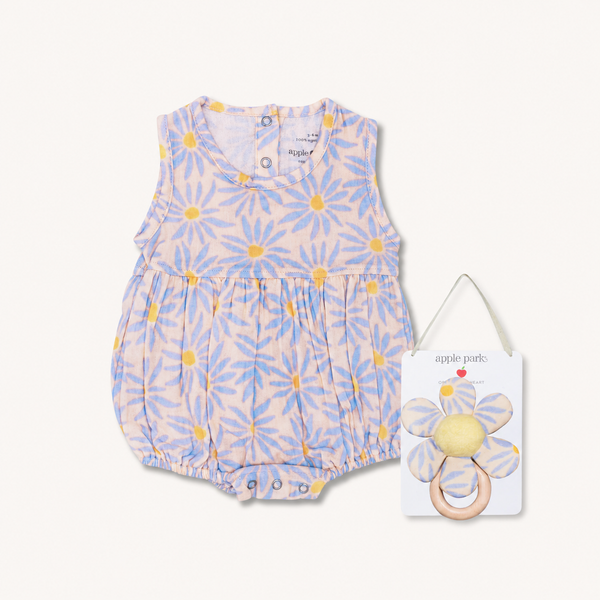 Daisy Dreams organic cotton muslin bubble romper and matching rubberwood flower teether set for babies by Apple Park