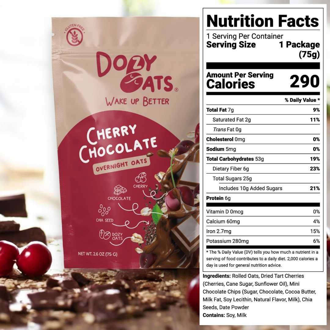 Dozy Oats Cherry Chocolate Overnight Oats package with nutrition facts label