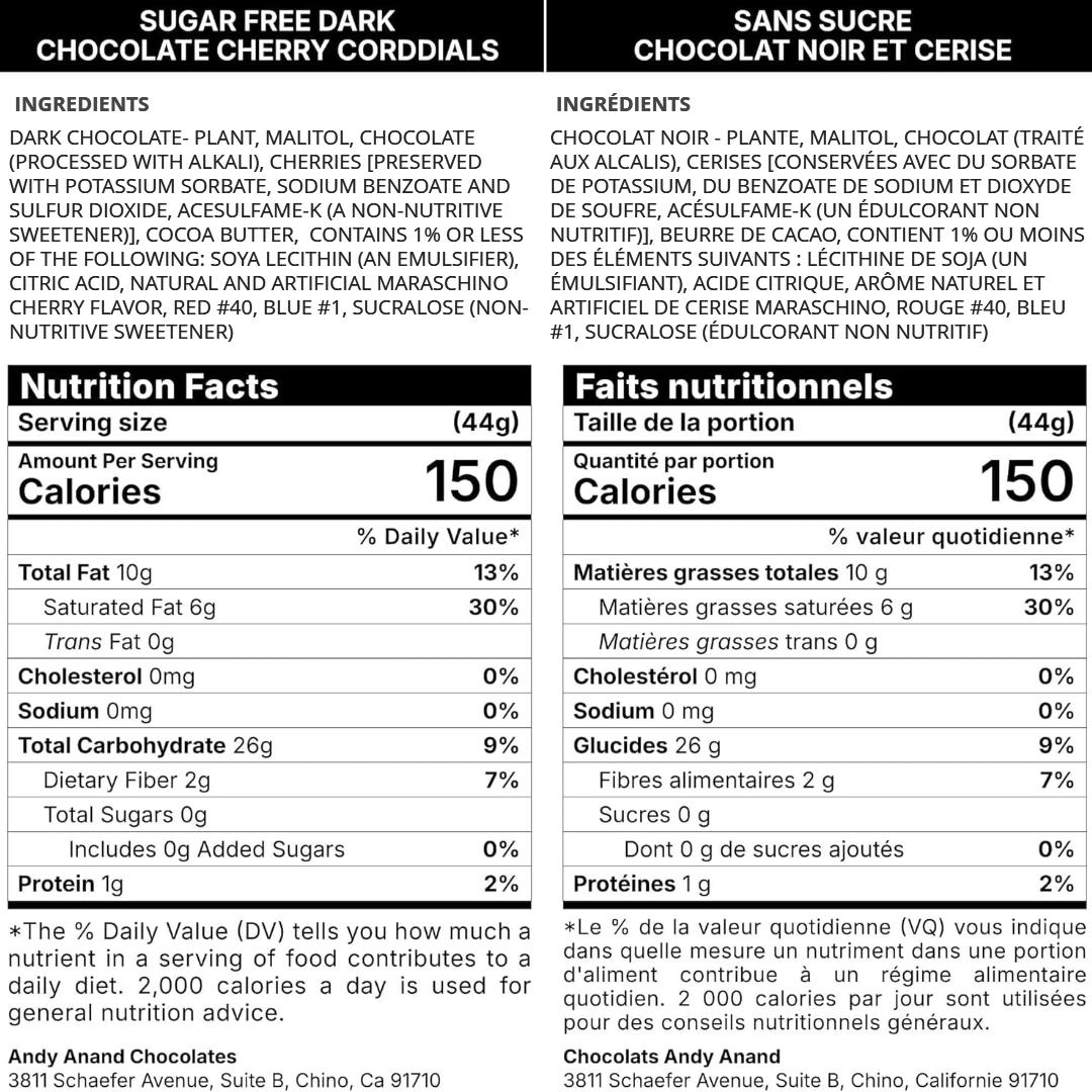 Nutrition facts label for sugar-free dark chocolate cherry cordials with English and French text.
