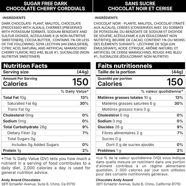 Nutrition facts label for sugar-free dark chocolate cherry cordials with English and French text.