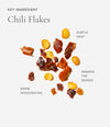 Chili flakes on a white background with descriptive text.