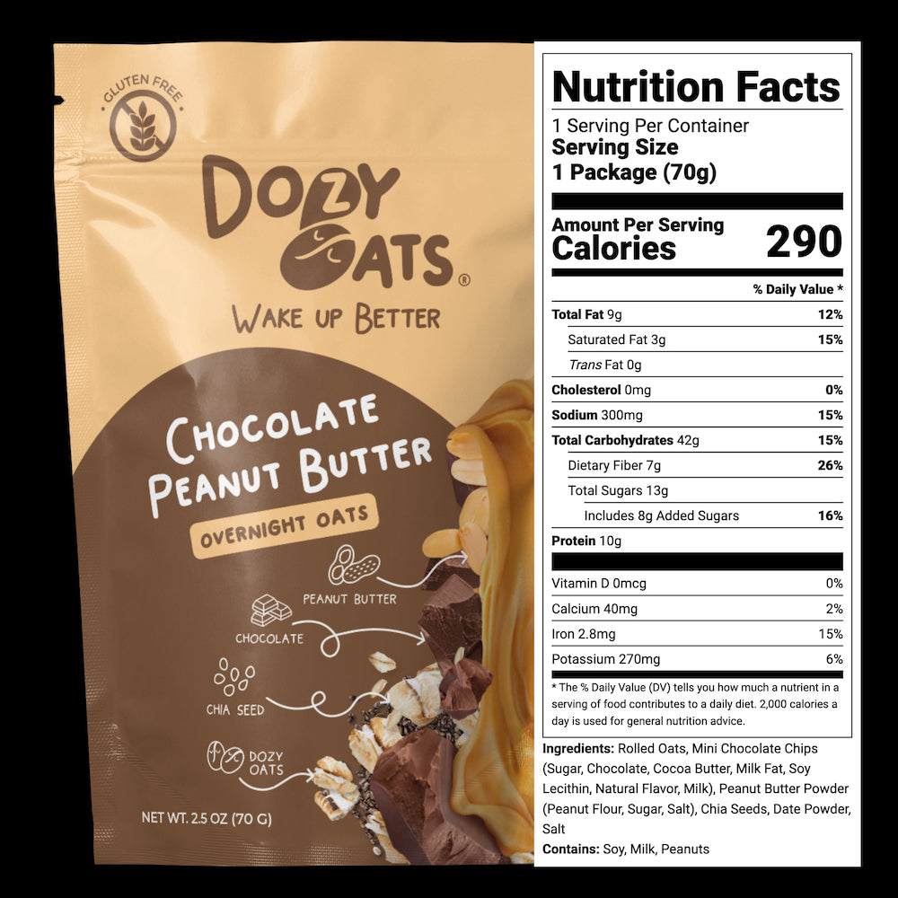 Doby Oats Chocolate Peanut Butter Overnight Oats package with nutrition label