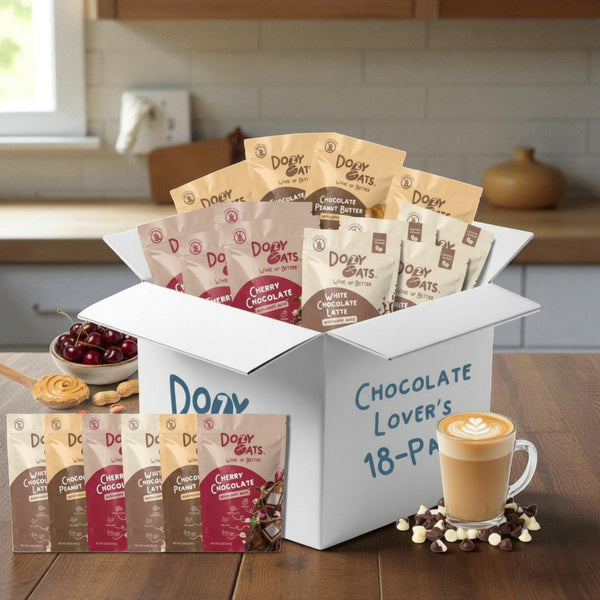 Box of Doey Oats chocolate lover's package with a cup of coffee on a kitchen counter.
