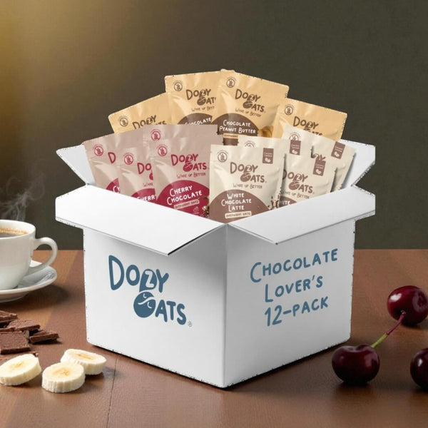 Dozy Oats Chocol'oat Lovers Variety Pack gluten-free chocolate overnight oats on a table