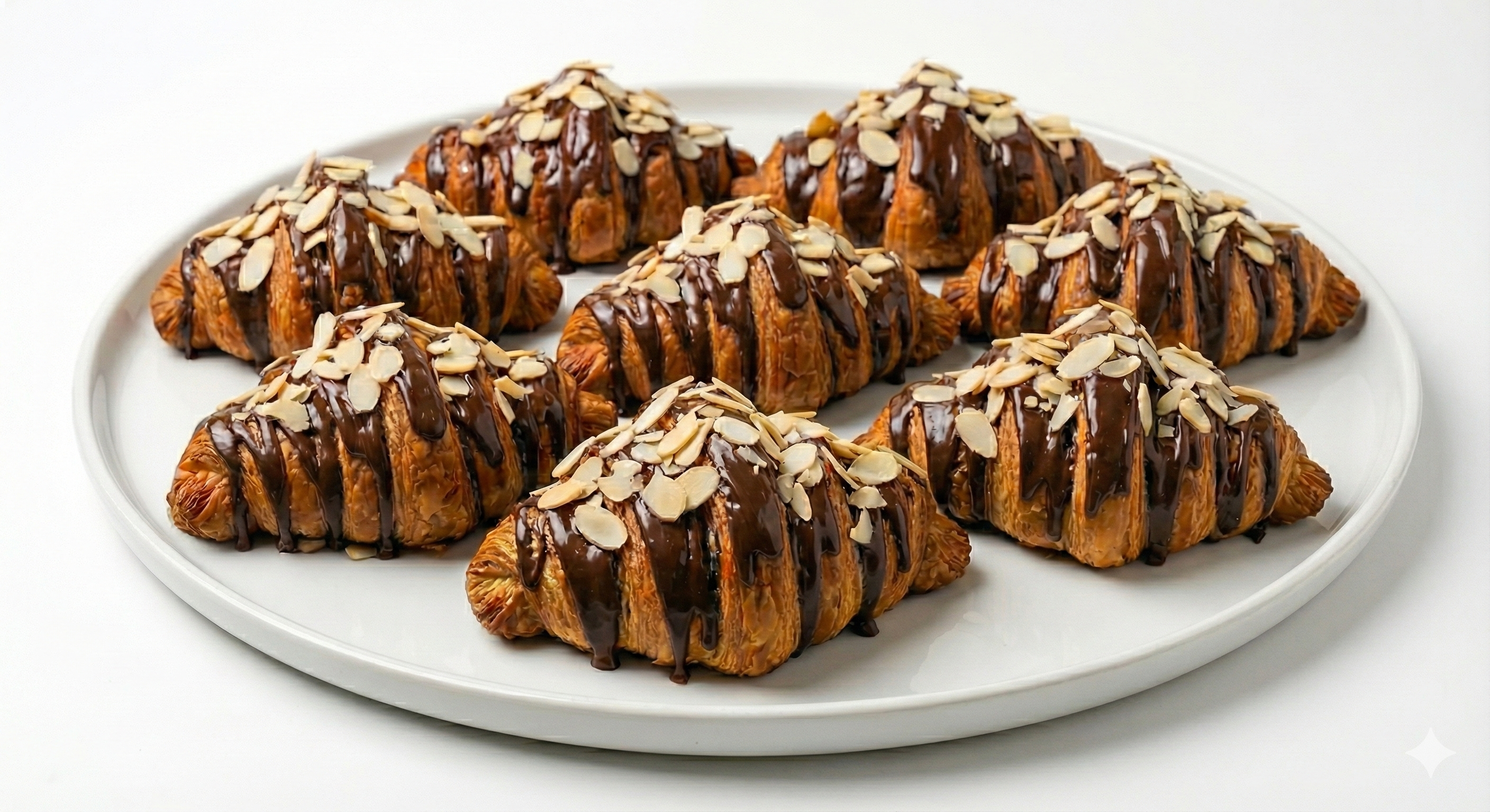 Close-up of hand-rolled sugar-free chocolate croissant with toasted almonds from Andy Anand SoCal Bakery