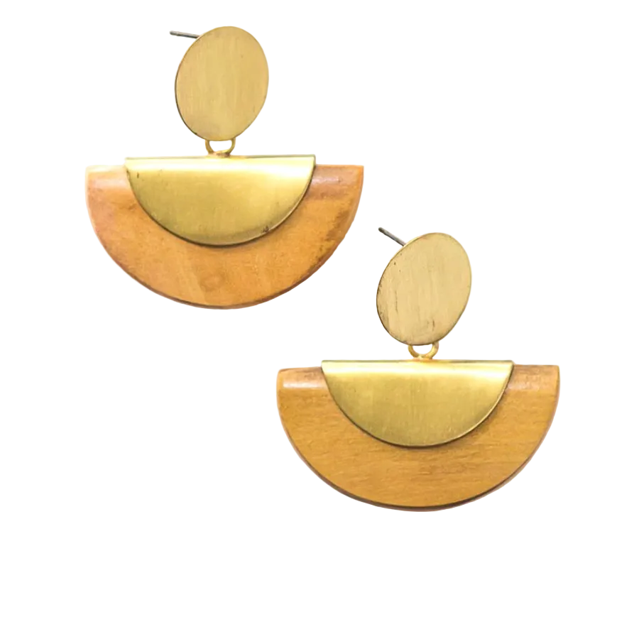 Chord Geometric Wood Stud Earrings in recycled brass by Fair Anita, shown on white background