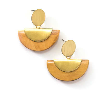 Chord Geometric Wood Stud Earrings in recycled brass by Fair Anita – nickel-free sustainable jewellery