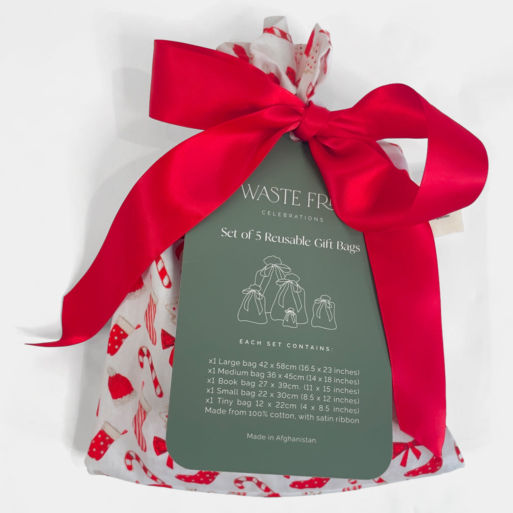 Set of 5 reusable gift bags with a red ribbon on a white background