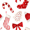 Collection of Christmas-themed items including a candy cane, stockings, a bow, and a tree cookie on a white background.