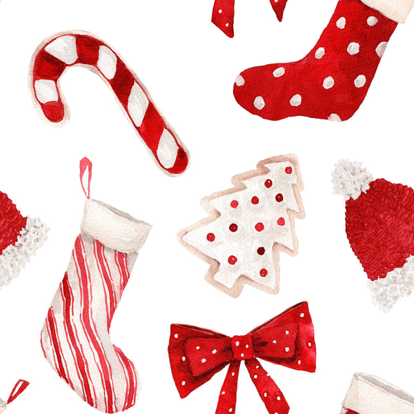 Collection of Christmas-themed items including a candy cane, stockings, a bow, and a tree cookie on a white background.