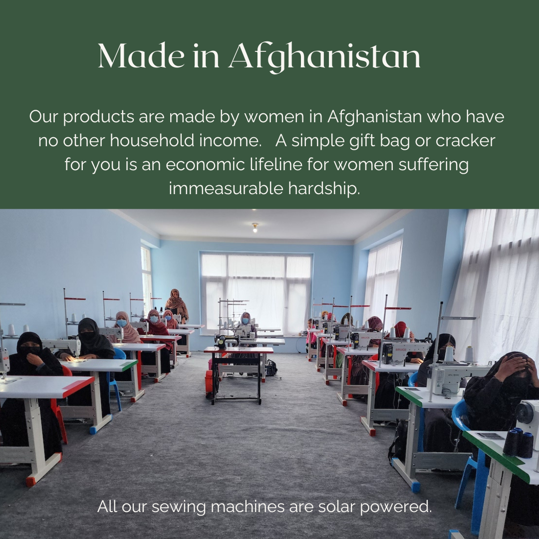 Room with people working on sewing machines, text about women's employment in Afghanistan.