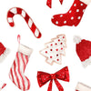 Collection of Christmas-themed items including a candy cane, stockings, cookies, and a bow on a white background.
