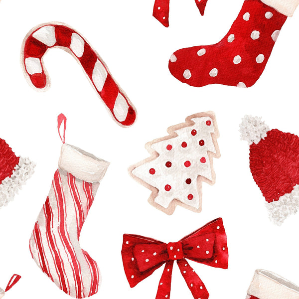 Collection of Christmas-themed items including a candy cane, stockings, cookies, and a bow on a white background.