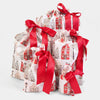 Three gift bags with red ribbons on a white background