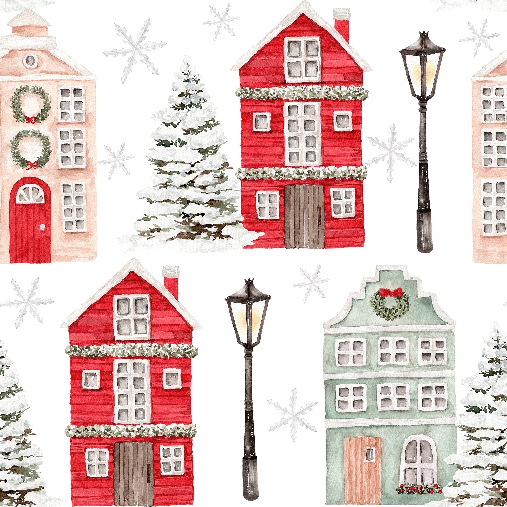 Collage of Christmas-themed houses, trees, and street lamps on a white background with snowflakes.