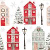 Collage of Christmas-themed houses, trees, and street lamps on a white background with snowflakes.