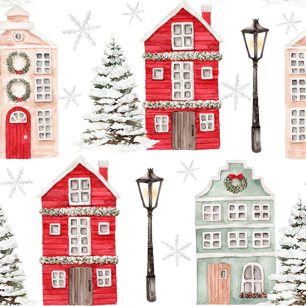 Collage of Christmas-themed houses, trees, and street lamps on a white background with snowflakes.