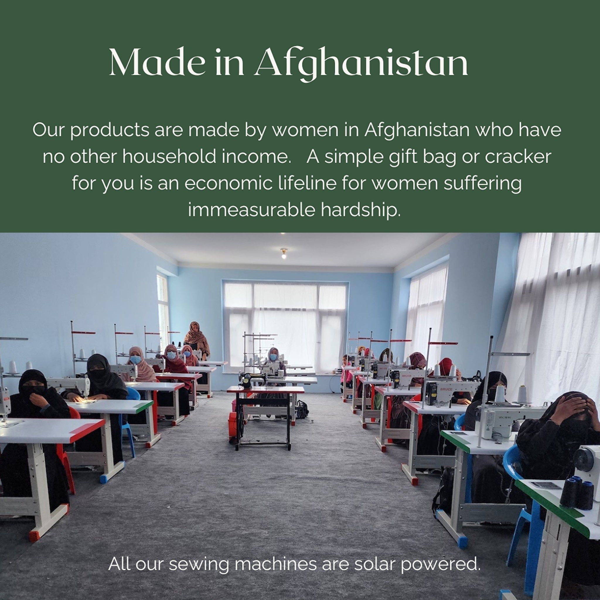 Workshop with people using sewing machines, text about women's empowerment and economic support in Afghanistan.