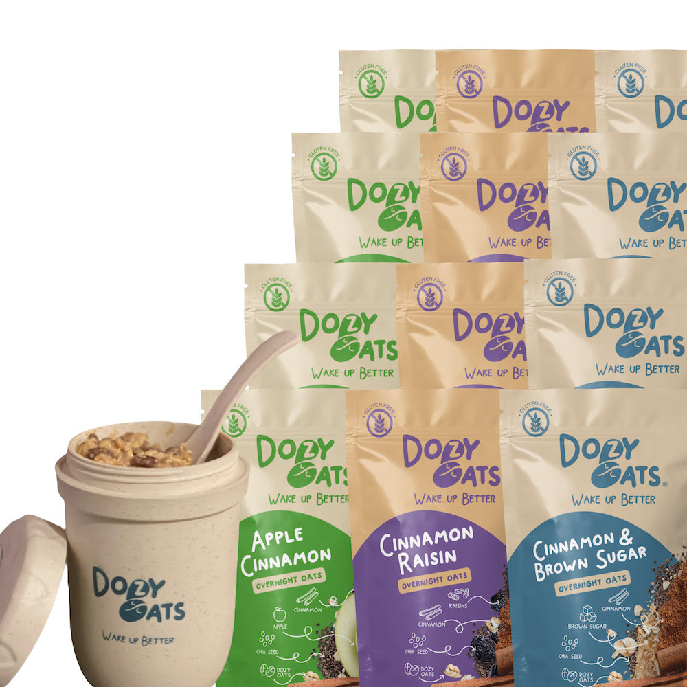 Dozy Oats cinnamon overnight oats 12-pack box with all three gluten-free flavours