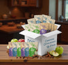 Box of Dory Oats cereal packets with apples and cinnamon on a wooden table.