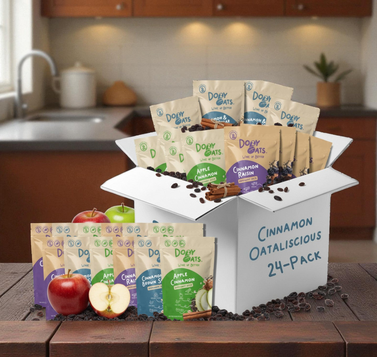 Assorted packages of Dolly Oats cereal in a box on a kitchen counter.