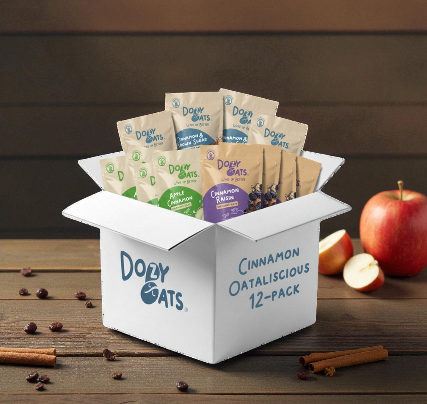 Dozy Oats cinnamon overnight oats variety pack displayed on a wooden table