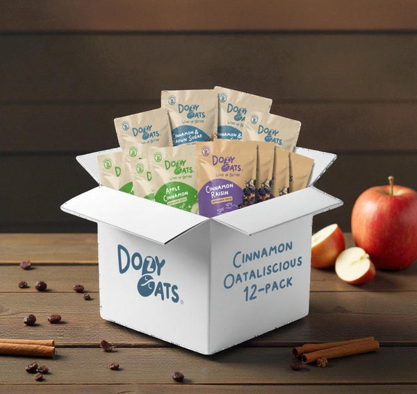 Dozy Oats cinnamon overnight oats variety pack displayed on a wooden table