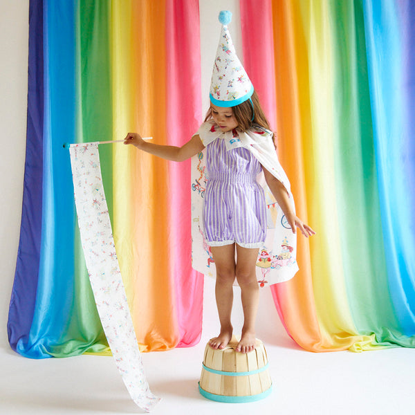 Whimsy meets sustainability!  This mulberry silk Circus Dress-Up Set is perfect for imaginative play & doubles as a Halloween costume! Ages 3-8, limited edition.