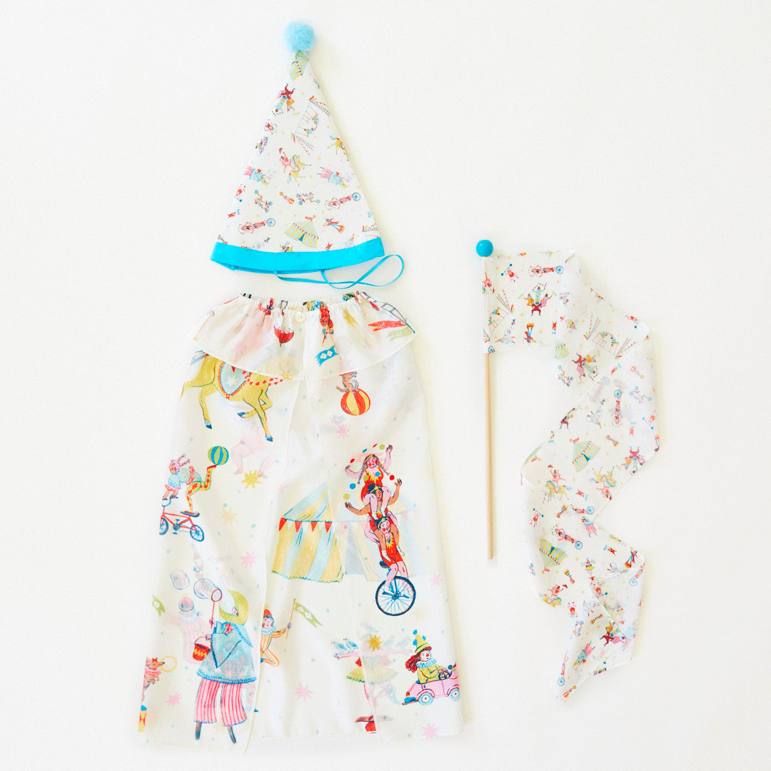 Whimsy meets sustainability!  This mulberry silk Circus Dress-Up Set is perfect for imaginative play & doubles as a Halloween costume! Ages 3-8, limited edition.