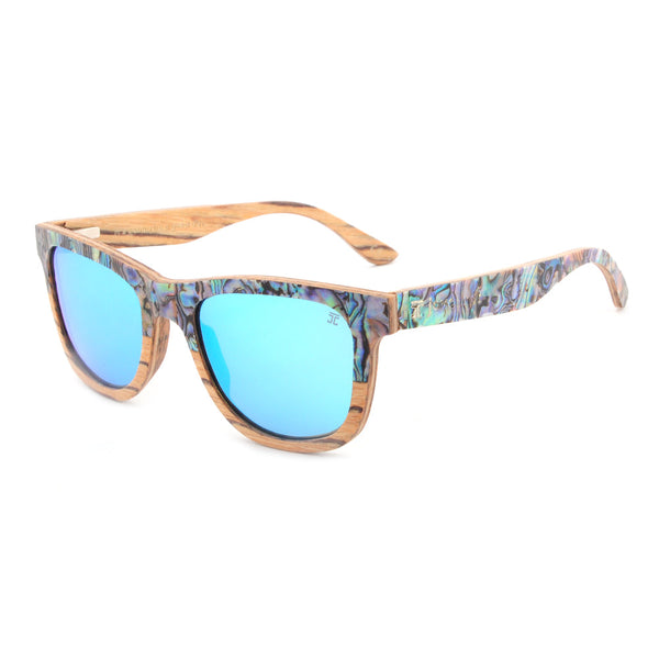 Sunglasses with floral patterned arms and blue lenses on a white background