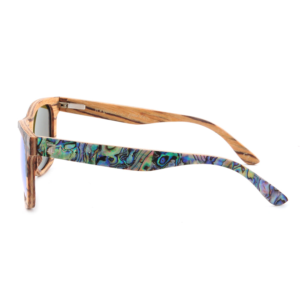 Sunglasses with wooden frame and colorful arm on a white background