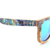 Sunglasses with colorful frame and blue mirror lens on a white background