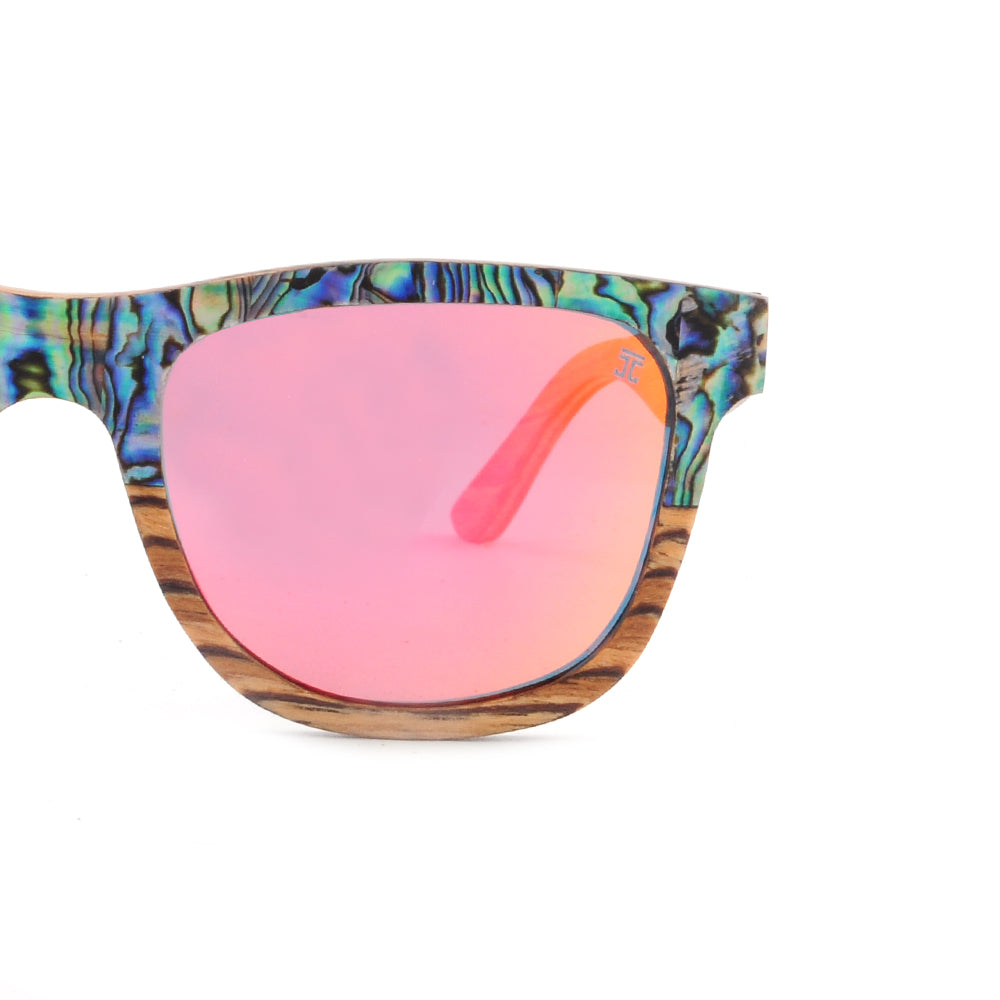 Sunglasses with colorful frame and pink lenses on a white background