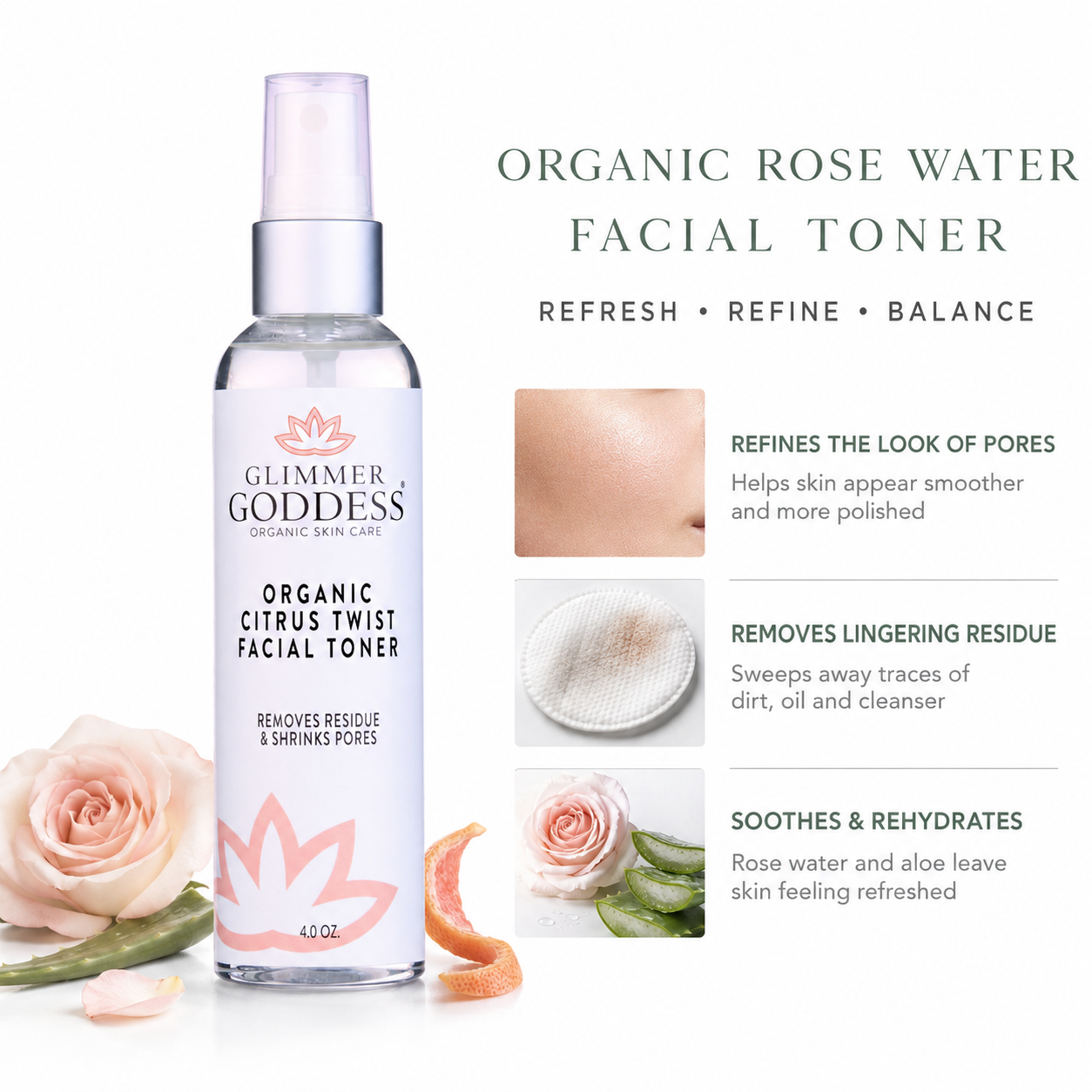 Organic Rose Water Facial Toner – Citrus Twist with Witch Hazel & Aloe