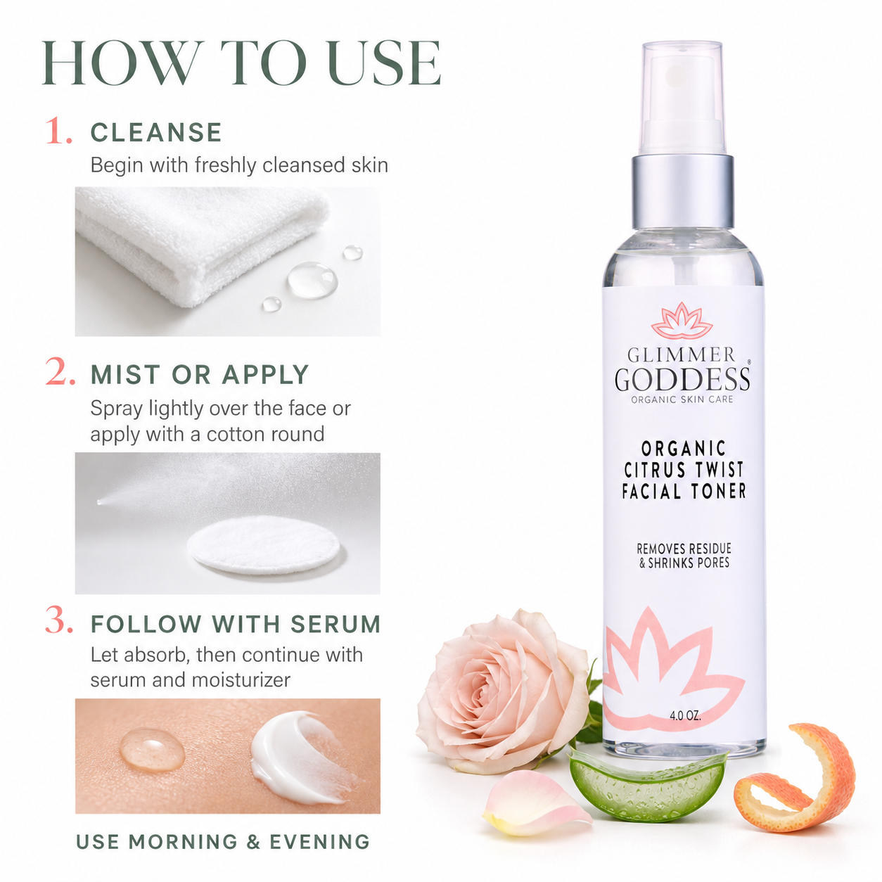 Organic Rose Water Facial Toner – Citrus Twist with Witch Hazel & Aloe