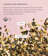 Tea blend ingredients list with visible tea leaves on a pink background