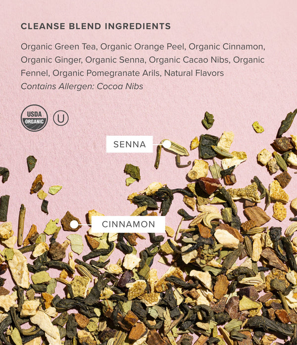 Tea blend ingredients list with visible tea leaves on a pink background
