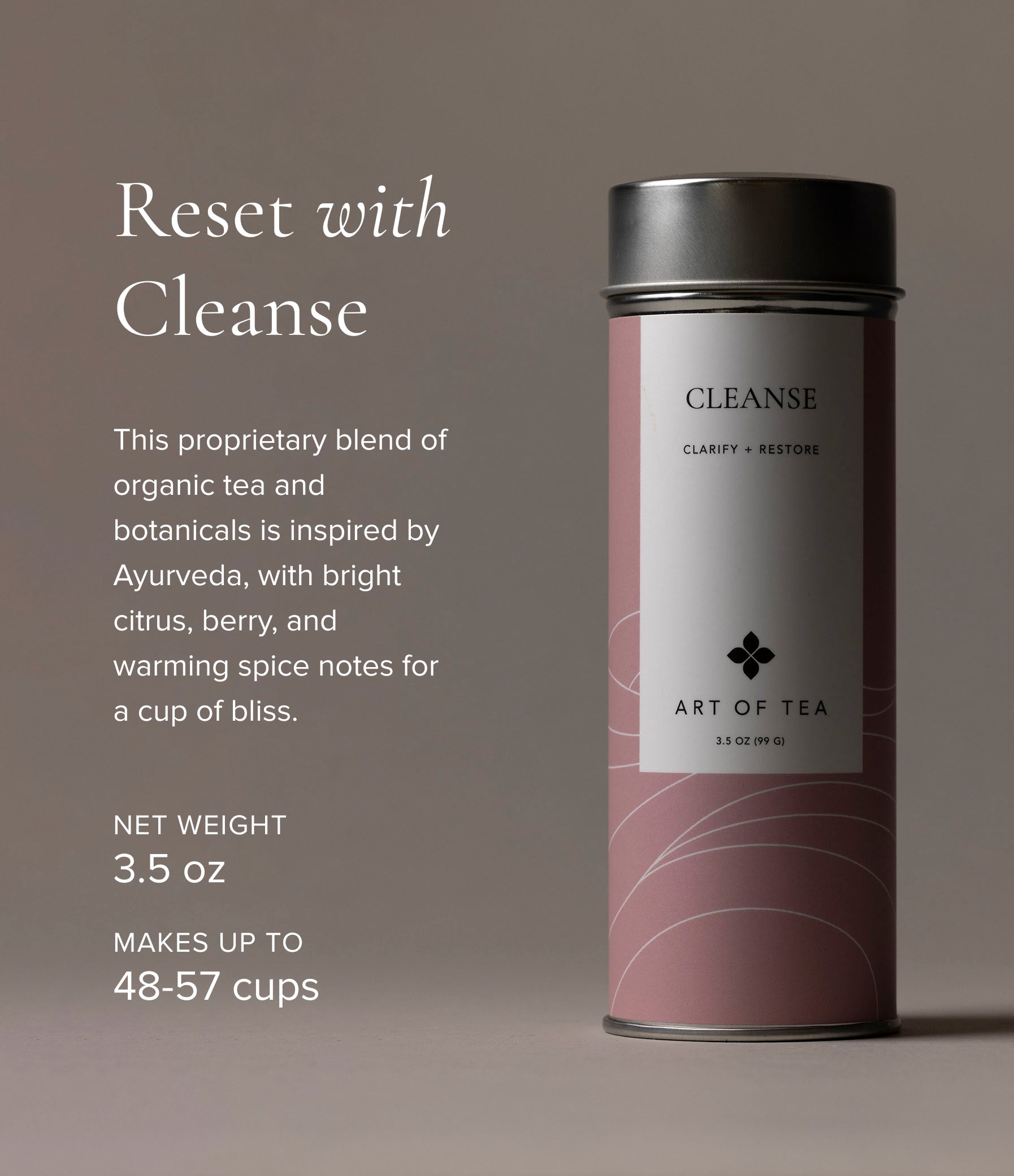 Tea canister with 'Art of Tea' branding on a gray background