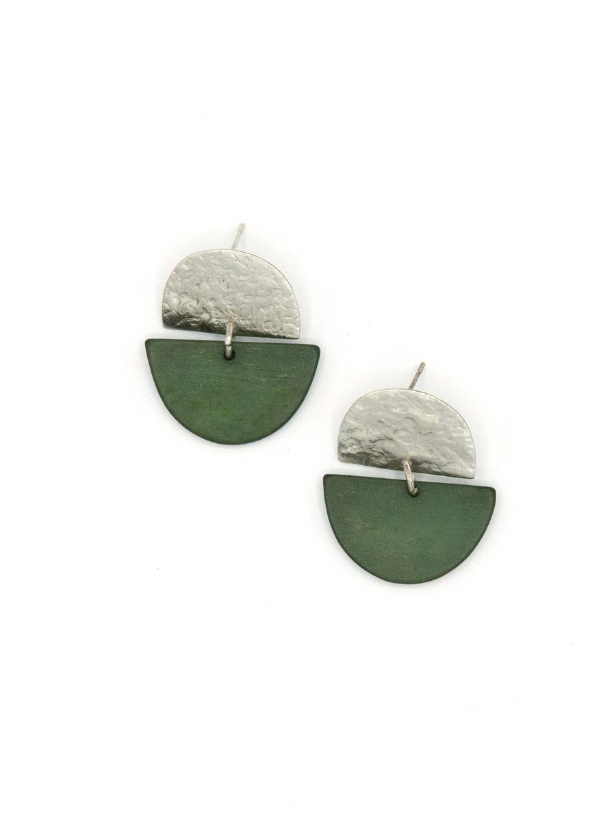 Flat lay of both Clear Horizon Stud colourways – mustard and brass alongside forest green and silver by Fair Anita
