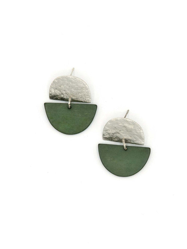 Flat lay of both Clear Horizon Stud colourways – mustard and brass alongside forest green and silver by Fair Anita