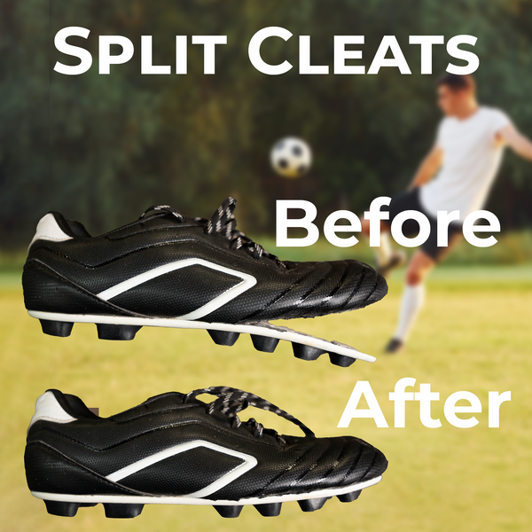Comparison of soccer cleats with 'Before' and 'After' text on a blurred sports field background.