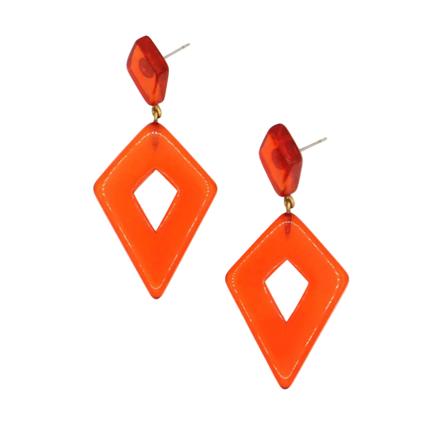 Clementine Rhombus drop earrings in bright orange hand-poured resin by Fair Anita