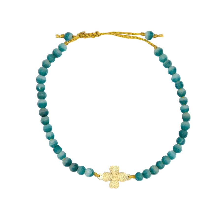 Clover Luck Bracelet with green recycled glass beads and brass-plated metal, handmade fair trade in India by Fair Anita