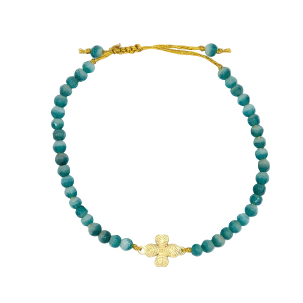 Clover Luck Bracelet with green recycled glass beads and brass-plated metal, handmade fair trade in India by Fair Anita
