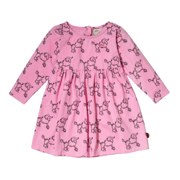 Mon Coeur Coco Baby Dress front view — long sleeve recycled organic cotton jersey dress with all-over poodle watercolour print in soft colours